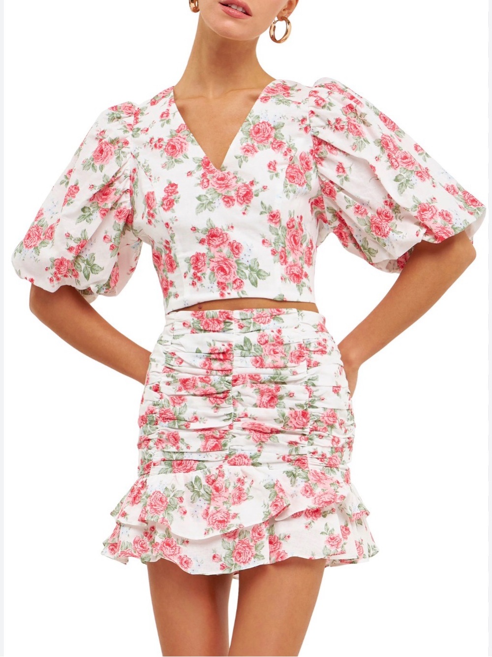 Endless Rose Set White Mini Skirt and Top with Pink Rose Print